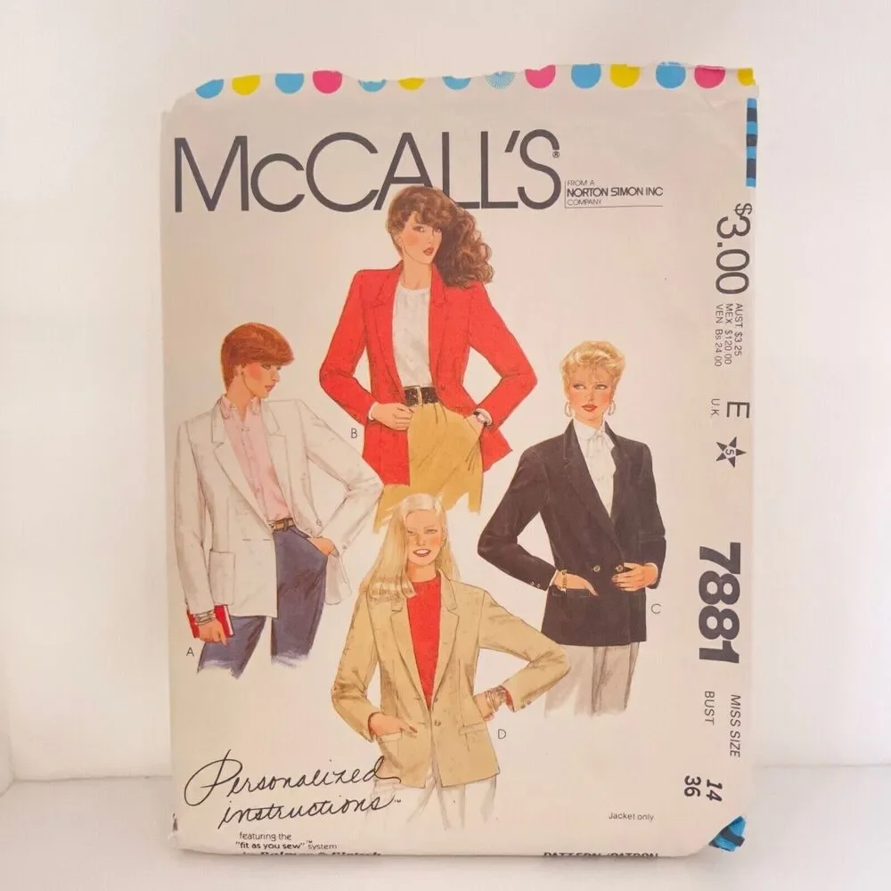 #7881 McCalls Misses Jacket Sewing Pattern Size 14